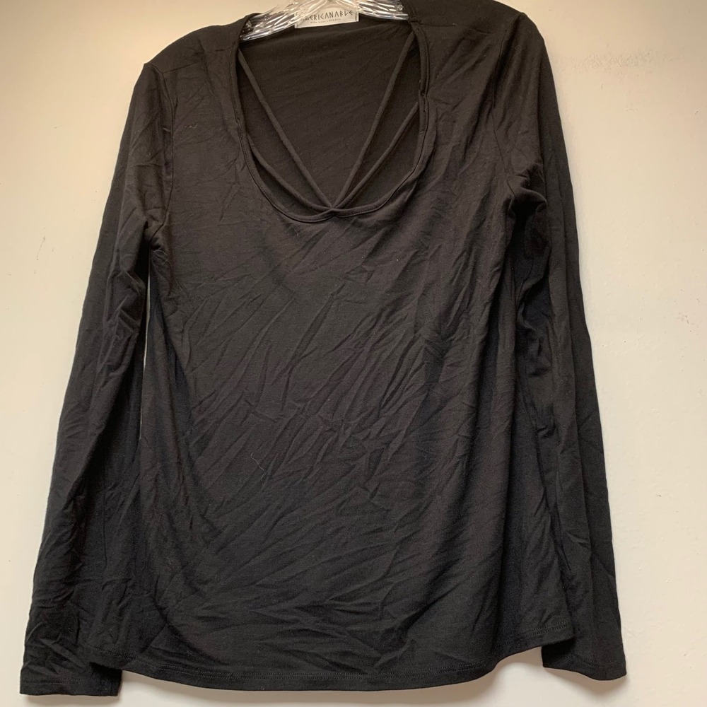 American Able Top Womens Medium Black Excellent Cage Neck Strappy Long Sleeve